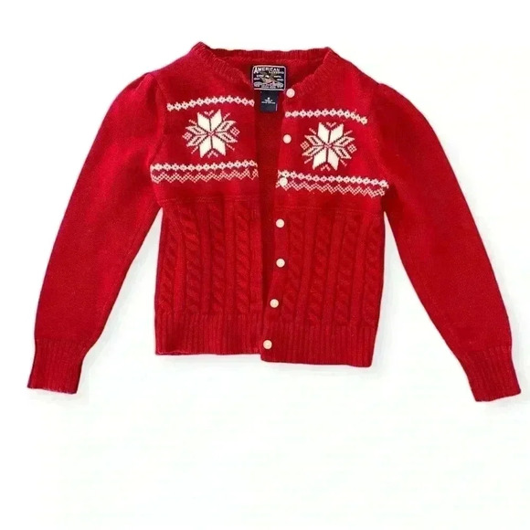 AMERICAN LIVING Girl Sz 5 Sweater Cardigan Red White Knit Snowflake Holiday - Picture 2 of 6
